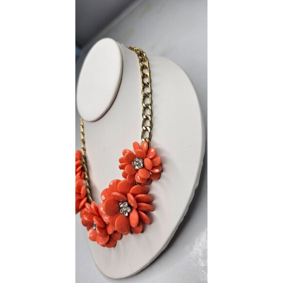 Gold-Tone Chain And Chunky Orange Flowers With Rhinestone Centers Bib Necklace - Picture 4 of 5